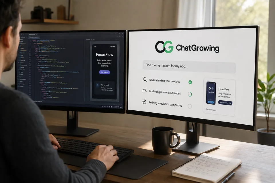 A developer builds an app on one screen while ChatGrowing works on customer acquisition on the other.